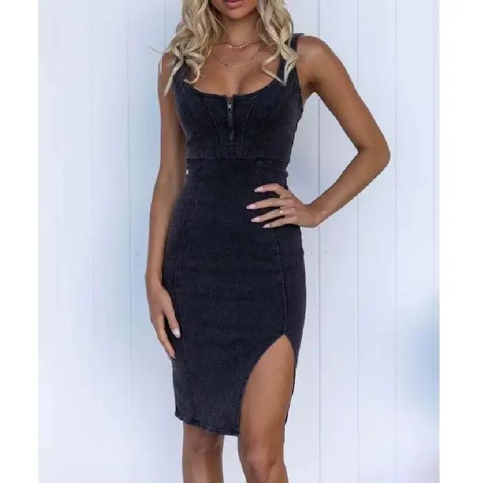 Robe en jean à bretelles spaghetti pour femmes, longueur aux genoux, vintage, éducative