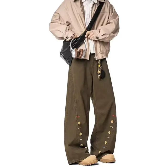 Jean Américain Rétro Marron Coupe Ample à Boutons pour Homme