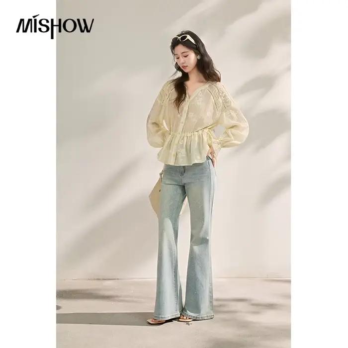 MISHOW Jean évasé taille haute bleu clair style vintage français pour femme avec strass
