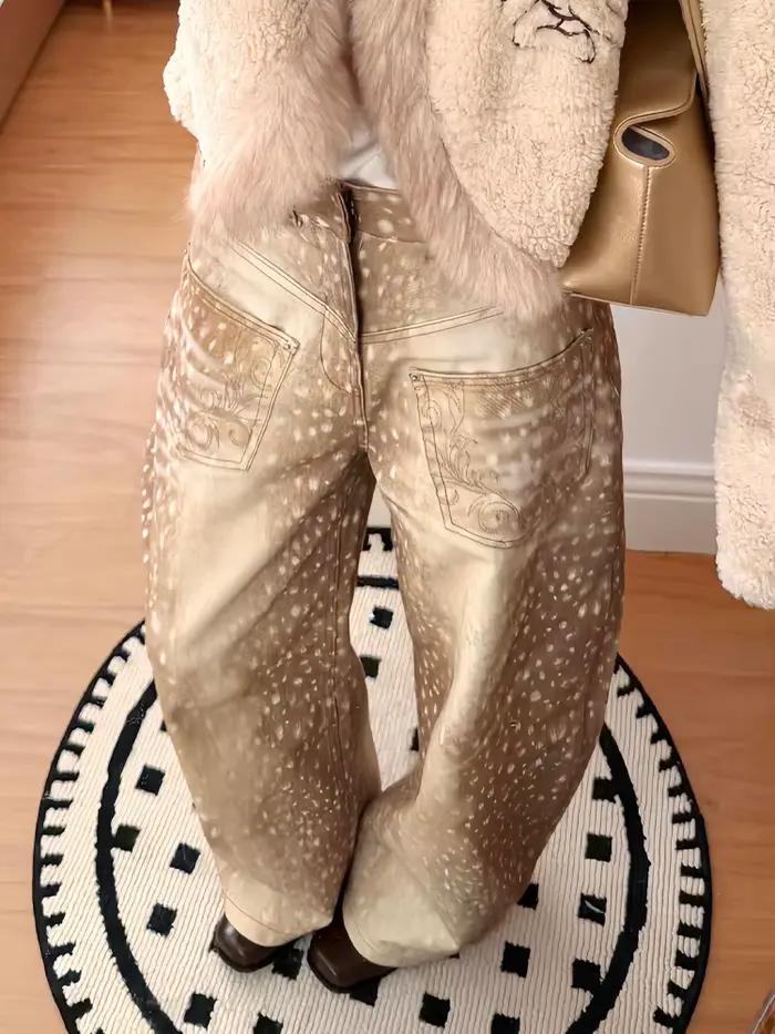 Jeans à pattes larges et courbes à imprimé cerf rétro américain Y2K pour la mode de rue féminine