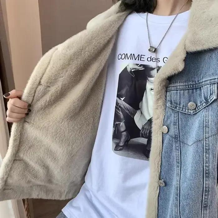 Avec fourrure peluche Denim veste pour femmes laine à l'intérieur rembourré femme Jean manteau bleu vêtements d'extérieur chaud hiver 2025 froid Streetwear Vintage