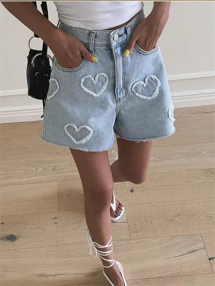 REALEFT taille haute lavé amour imprimé femmes Denim Shorts 2024 nouveau printemps été Jeans décontractés Chic pantalon droit femme