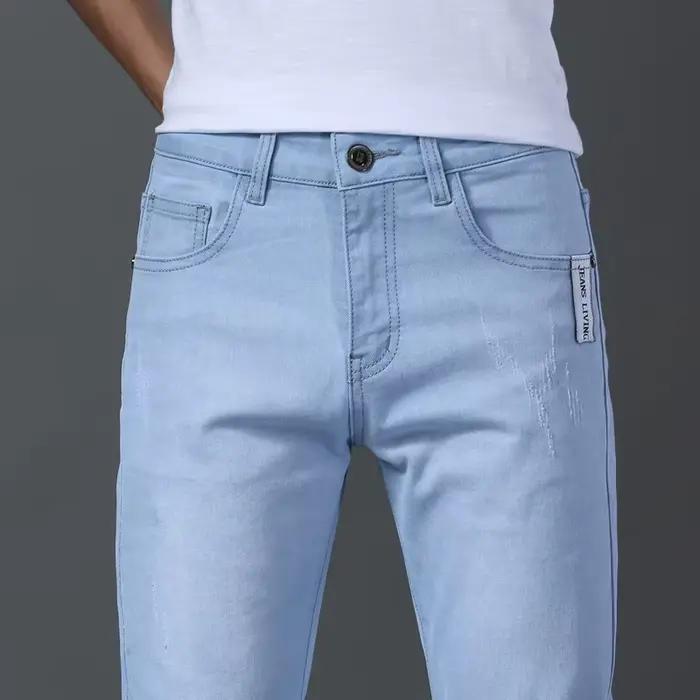 Hommes d'affaires décontracté droit jambe étroite jean bleu clair gris Stretch Vintage Denim pantalon Streetwear coupe