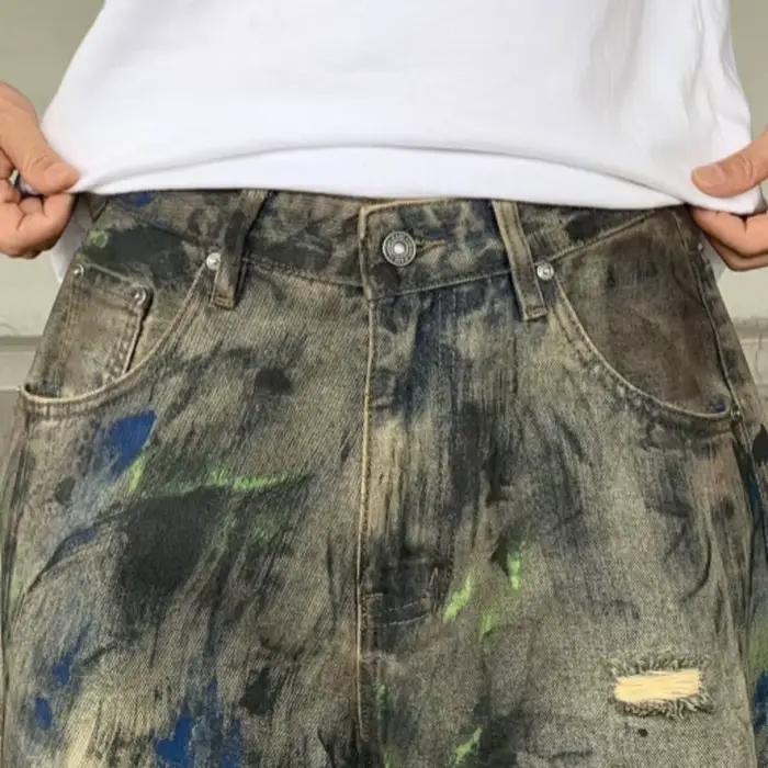 PFHQ 2026 Printemps Nouveau Jean déchiré tendance pour homme Coupe droite ample Lavé Décoration imprimée graffiti Mode Pantalon en denim 21P2102