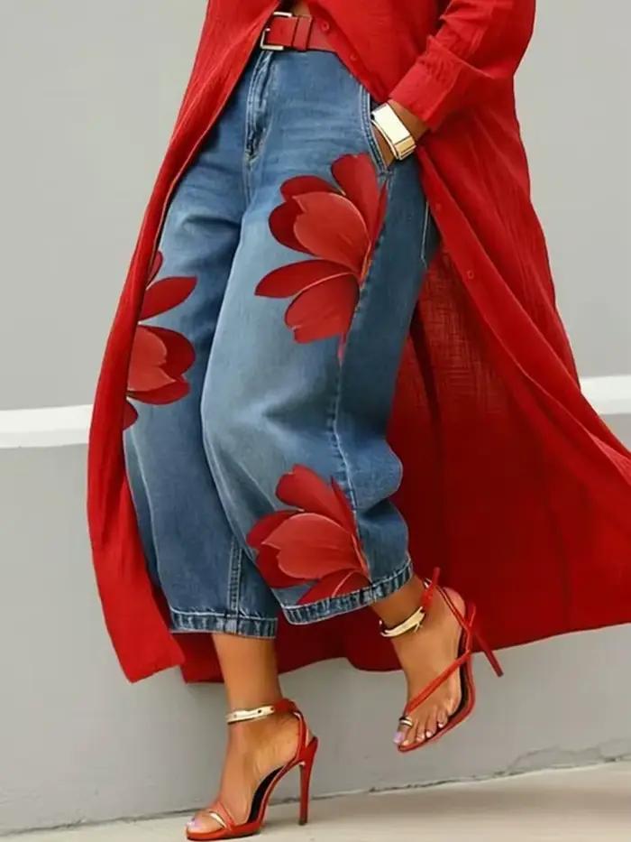 Jeans à imprimé floral pour femmes avec poches