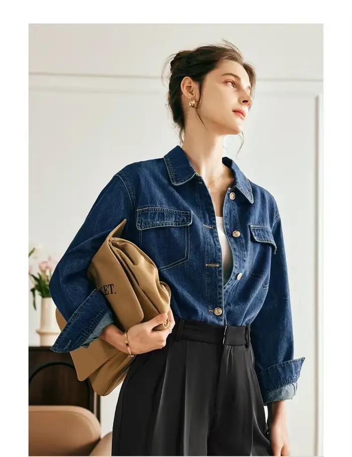 OLrain Veste Courte en Jean pour Femme 2026 Printemps Automne Style Vintage Shacket Coupe Ample Chic Décontracté