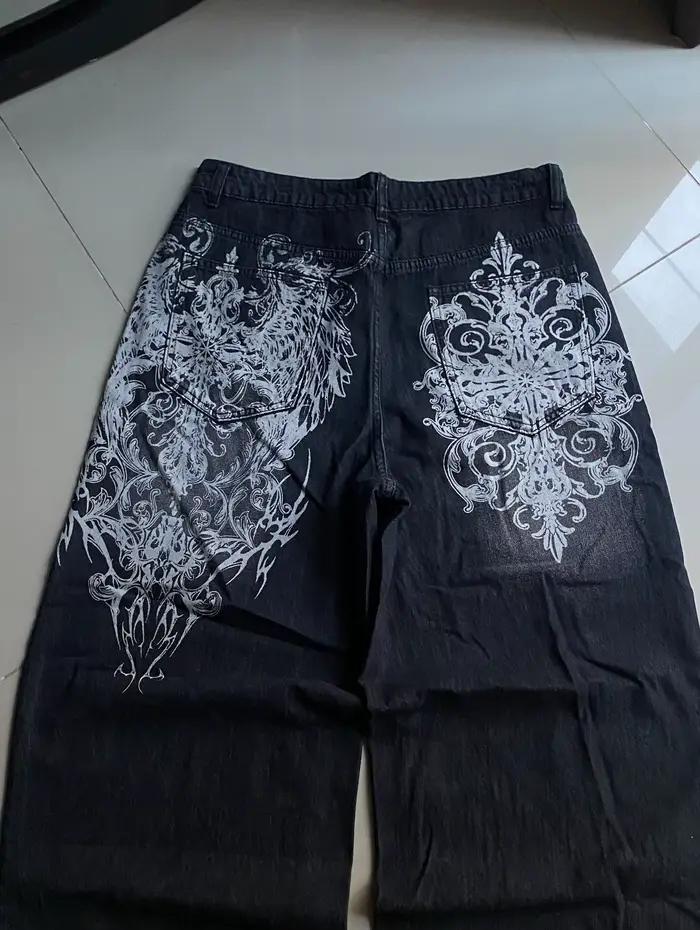 Jeans baggy noirs à imprimé vintage