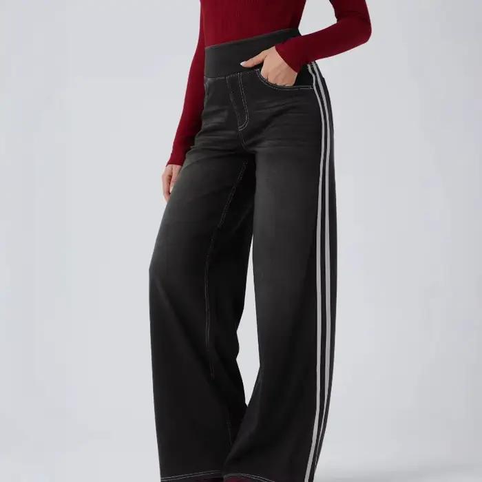 Pantalon femme 2025 nouveau rétro délavé bleu côté rayé jean pour femmes haute rue ample et polyvalent jambe large