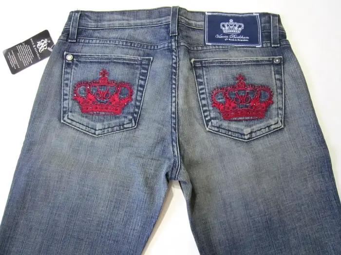 Jean Slim bleu brodé avec couronne de poche rétro pour femmes