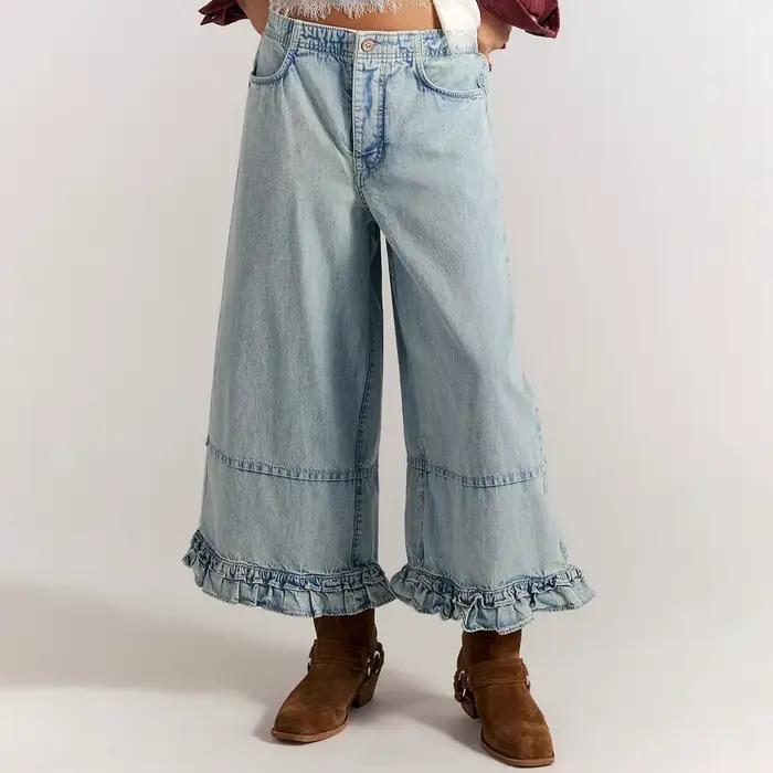 Jean chic bohème bleu clair à ourlet volanté pour femme