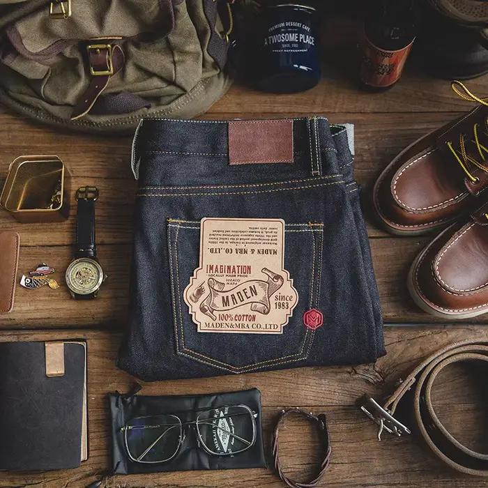 Maden Vintage 14.5oz lisière jean en Denim brut avec fermeture éclair YKK mouche broderie