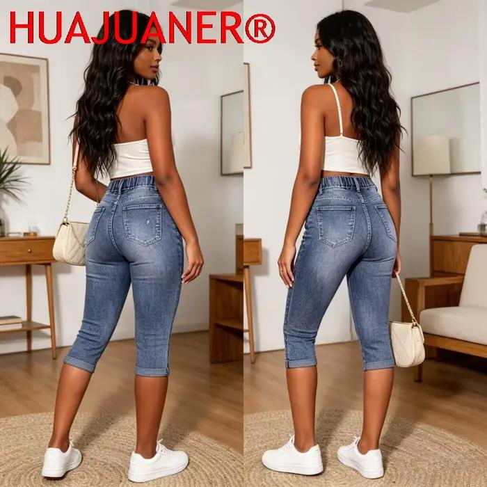 Jeans déchirés pour femmes coupe crayon style vintage streetwear 2026 longueur mollet taille haute avec cordon de serrage et poches bleu noir