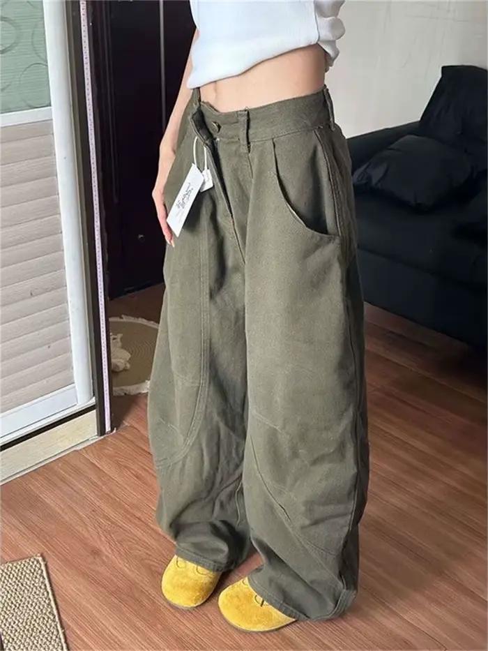 Botvotee Baggye jean pour femmes armée vert taille haute ample Vintage Y2k Long Denim pantalon femme mode Streetwear