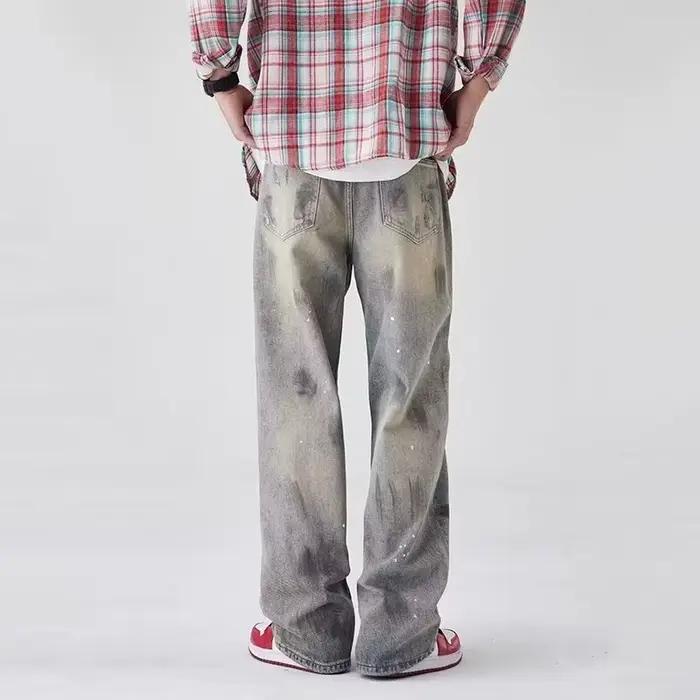 Automne Graffiti imprimé jambe droite Jean pour homme haute rue mode déchiré Baggy Denim pantalon 2025 nouveau Hip Hop