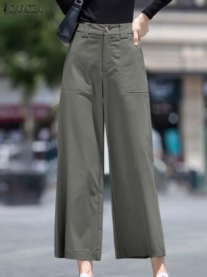 ZANZEA femmes pantalons longs droits décontracté ample jambe large Pantalon 2024 été taille haute