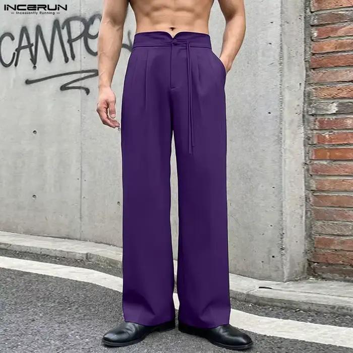 Pantalon homme INCERUN décontracté en polyester couleur unie boutonné vintage ample pour streetwear quatre saisons occasions décontractées