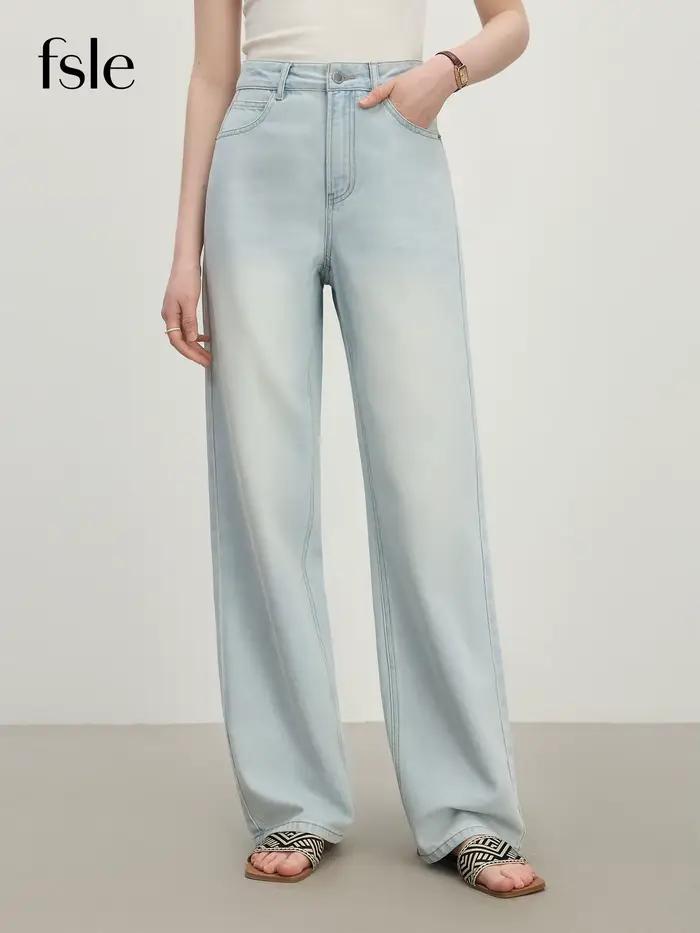 Jeans droit taille haute FSLE pour femmes, décontractés et élégants, blanc et bleu, printemps et été, ajustement mince, bouton volant
