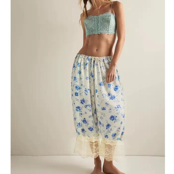 Pantalon long en dentelle florale pour femmes, style Y2K, avec volants, pantalon victorien, pantalon de dessous, pantalon capri, pantalon de pyjama, pantalon