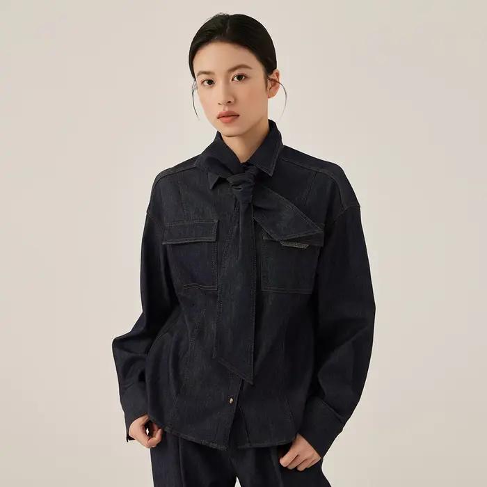 Veste en jean pour femme à manches longues automne conception multi-poches avec détail de nœud vêtements d'extérieur