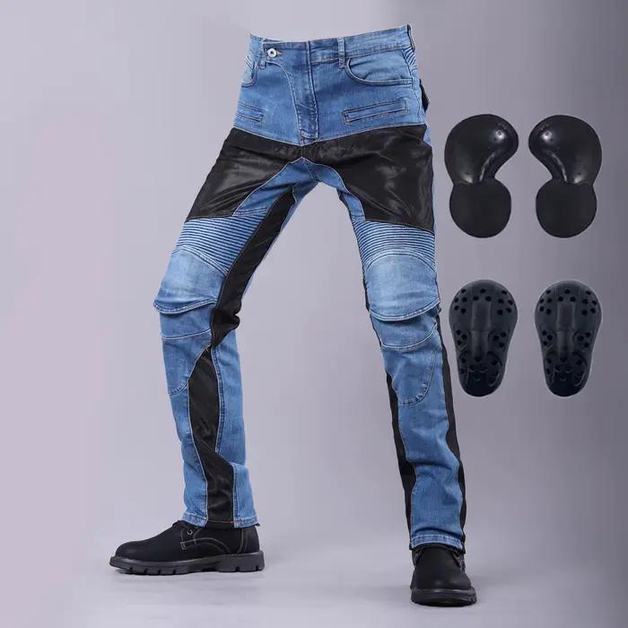 Jean de moto classique noir bleu avec genouillères et protections de hanches pour motards et randonneurs équestres toutes saisons