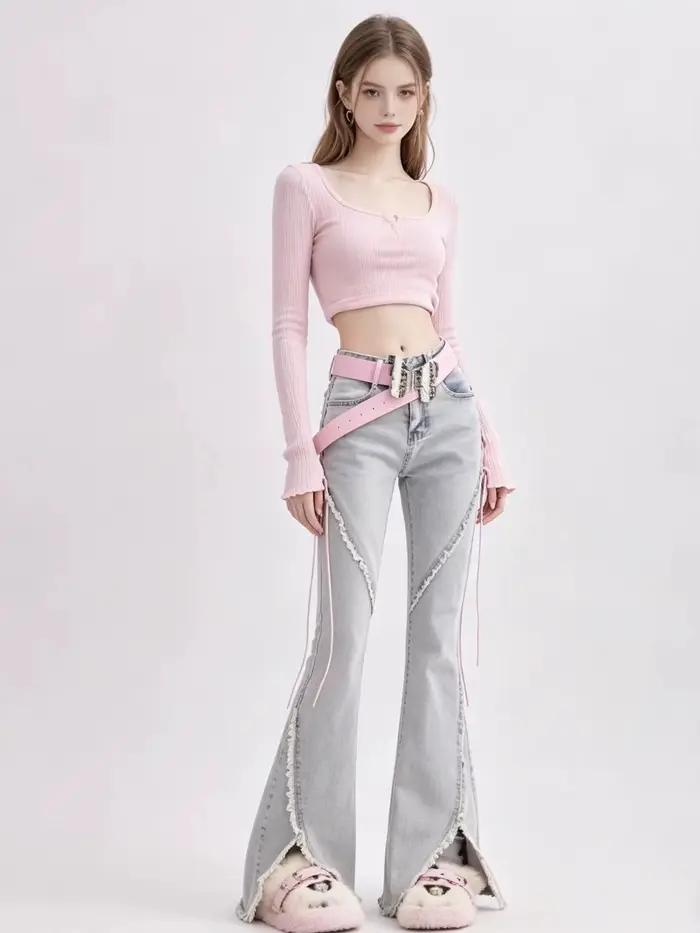 Jean taille haute pour femme, pantalon baggy droit, jambe large, design fourche en corne, denim adt, streetwear rétro, mode Harajuku, fjY2K