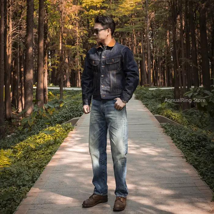 Veste de camionneur en denim selvedge 18oz à col en velours côtelé rouge Tornado