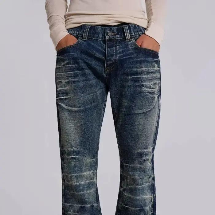 Jean pour hommes Harajuku Y2K Streetwear mi bleu pantalon en Denim évasé Vintage délavé Bootcut jambe large coupe ample gothique haute rue nouveau