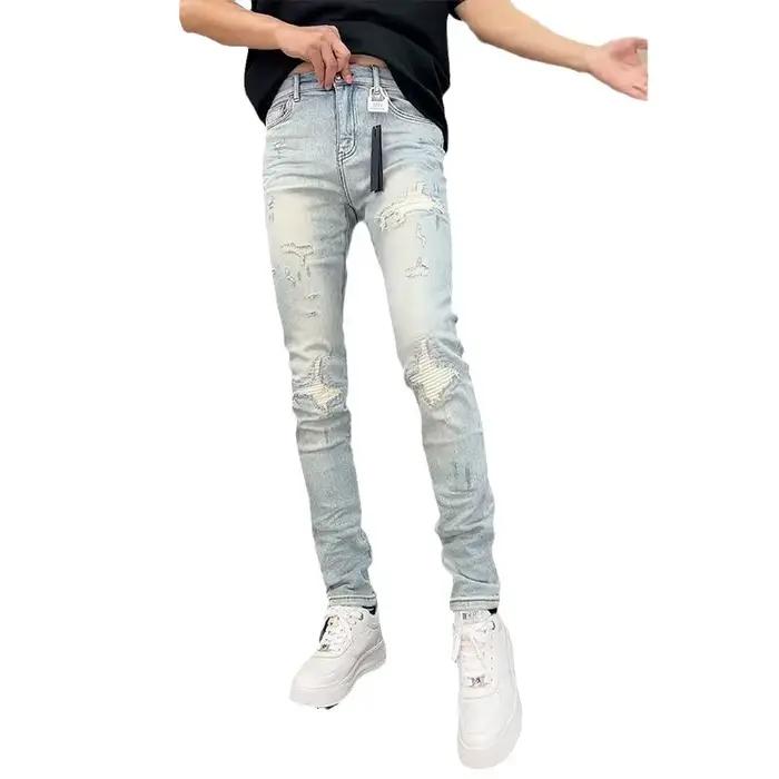 Nouveau coréen vêtements de luxe haute qualité jean pour hommes mode coupe ajustée crayon pantalon avec trous été