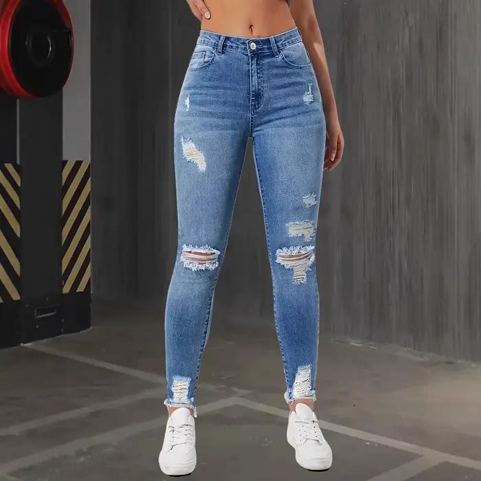 Jean Slim à trous pour femme