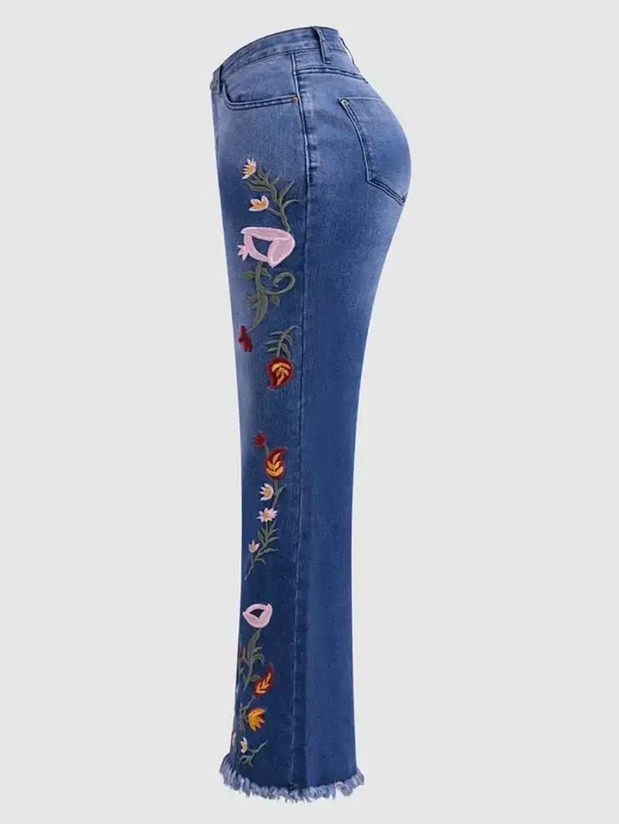 Jean évasé de tempérament élégant brodé élastique. Femmes quatre saisons nouvelle mode confortable coupe ajustée