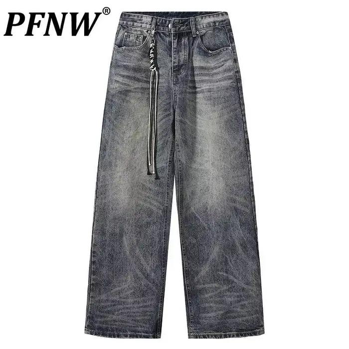 Jean décontracté bleu délavé style américain PFNW pour homme – Pantalon polyvalent rétro coupe droite ample – Nouvelle collection Printemps 2026 28L1498
