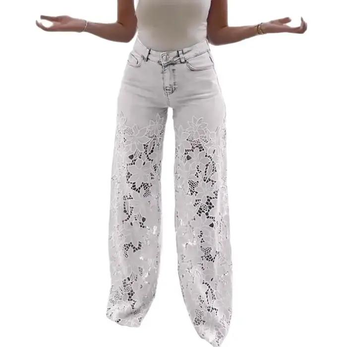 Denim pantalon à jambes larges femmes jean dentelle évider taille haute lavé en détresse 2025