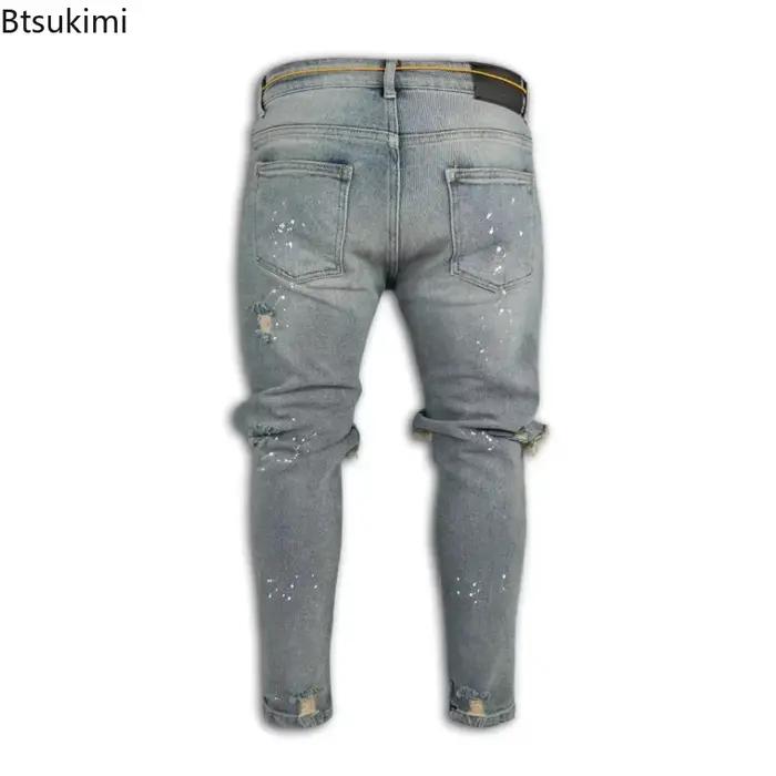 Jeans déchirés Btsukimi pour homme, bleu ciel et noir, style hip hop, ajustement confortable, idéal pour les soirées de club, fêtes et occasions décontractées