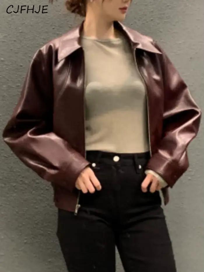 Blouson en simili cuir décontracté CJFHJE pour femmes, automne-hiver, col rabattu, fermeture éclair robuste, polyester PVC, couleur beige ou noir, taille S/M/L