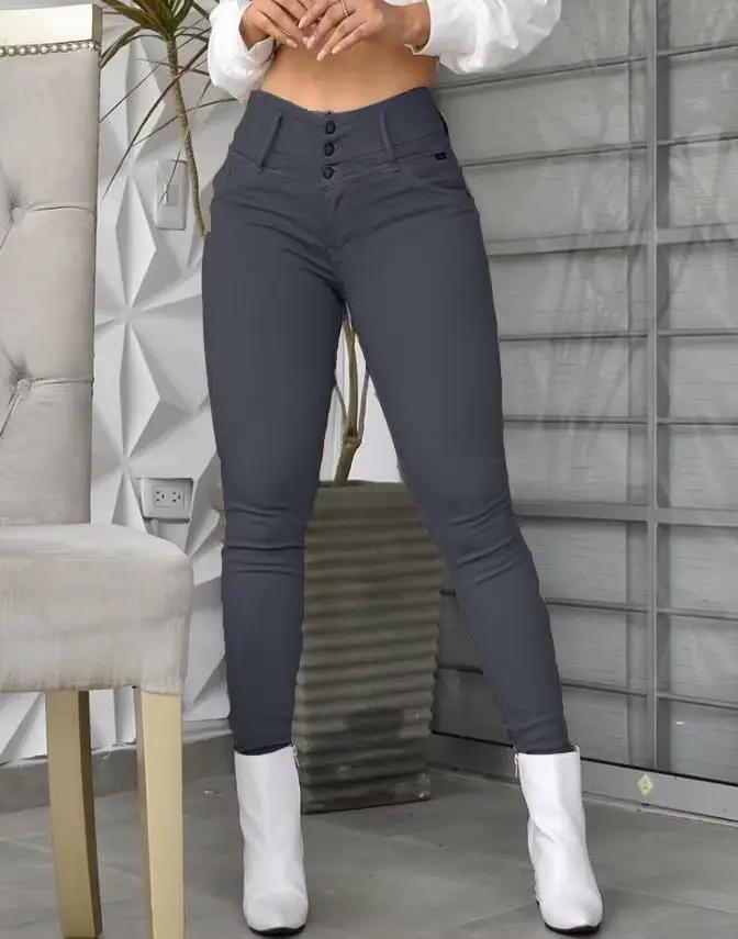 Pantalon décontracté taille haute en polyester mandylandy pour femmes junior automne hiver avec bouton et coupe ajustée