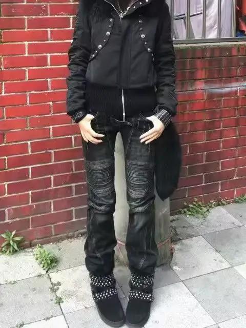 American Street surdimensionné lavé rétro industrie lourde moto jean femmes taille basse coupe ajustée en détresse pli