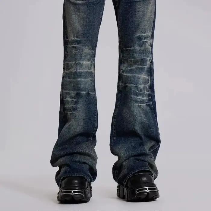 Jean pour hommes Harajuku Y2K Streetwear mi bleu pantalon en Denim évasé Vintage délavé Bootcut jambe large coupe ample gothique haute rue nouveau