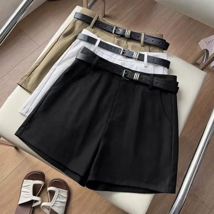Shorts d'été taille haute coupe trapèze à jambes larges pour femme – Couleur unie décontractée avec ceinture – Article cadeau tendance et polyvalent