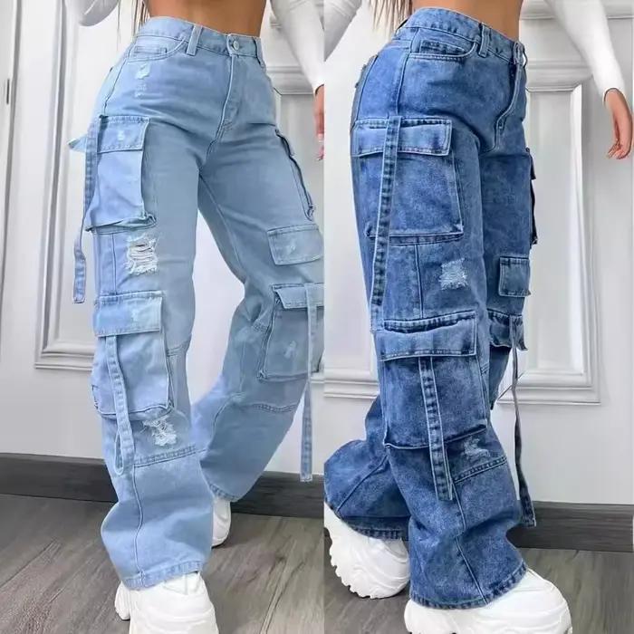 Jean femmes couleur unie polyvalent multi-poches pantalons décontractés grande taille coupe droite matériaux coton polyester toutes saisons