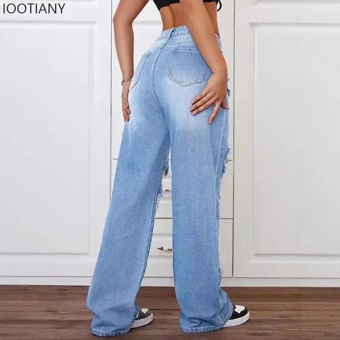 Trou jean femmes pantalon à jambes larges Vintage lavé déchiré Denims longueur de plancher taille haute en détresse