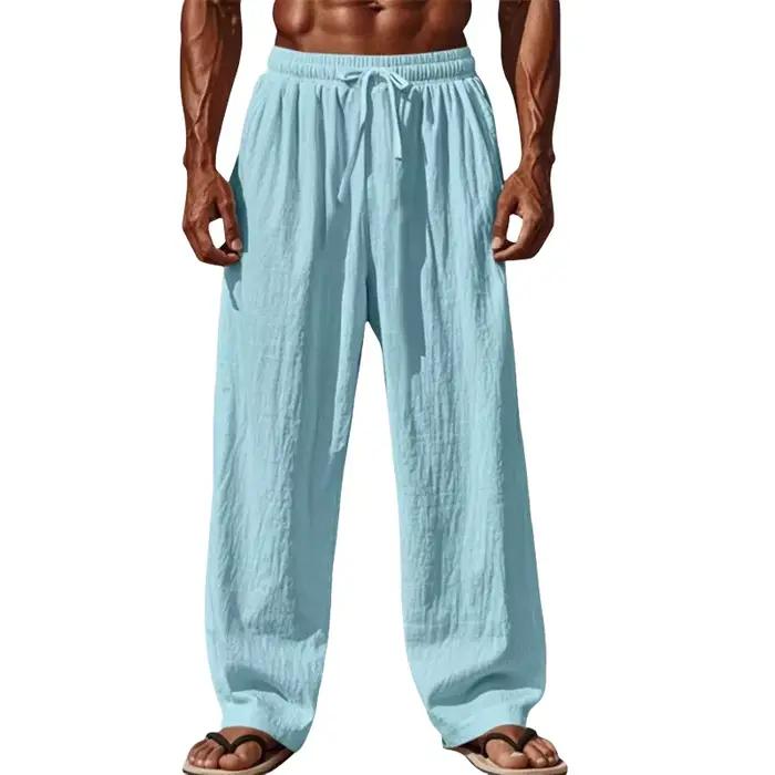 2025 nouveaux hommes coton et lin pantalons décontractés Simple et confortable jambe droite pantalon taille cordon