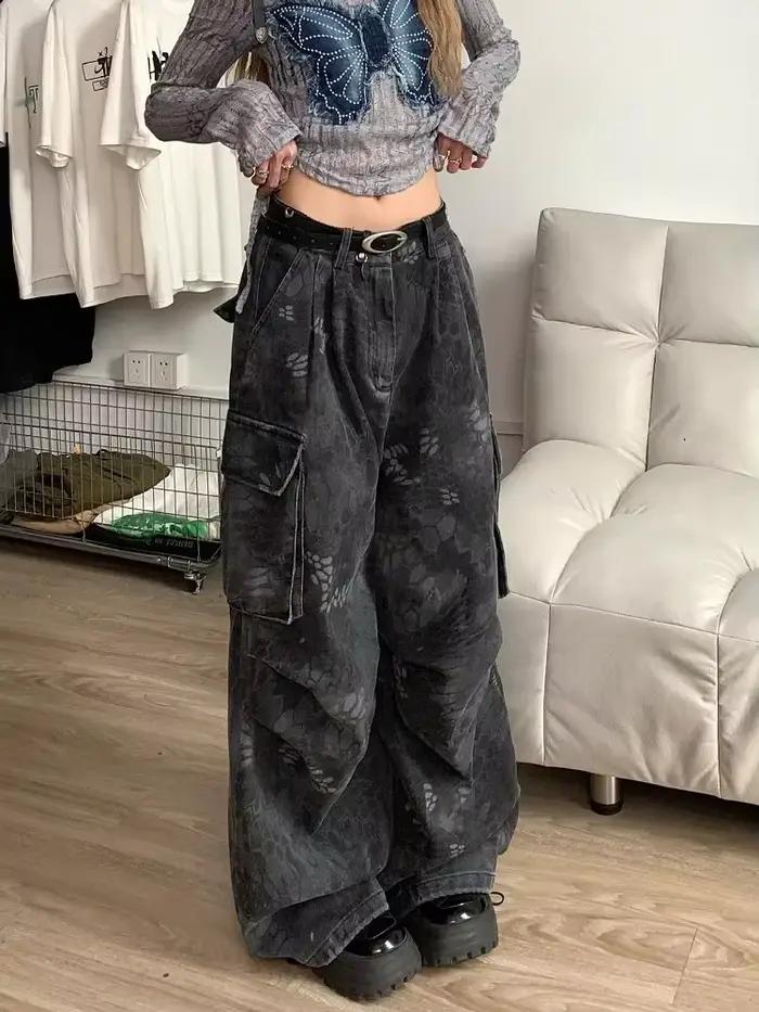 Goth Dark Academia Jeans Femmes Grunge Japonais Abi Y2K Denim Pantalon Cargo Années 2000 Goblin Core Harajuku Cyber