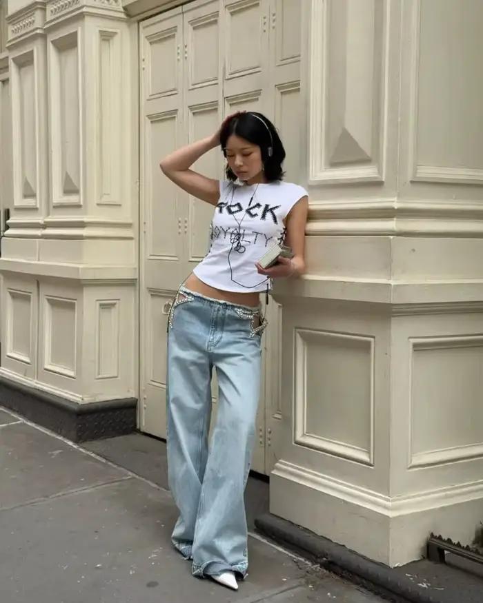 Nouveau Jean Femme Taille Haute Bleu Délavé Coupe Ample Style Y2K Décontracté avec Détails Creux – Vêtements
