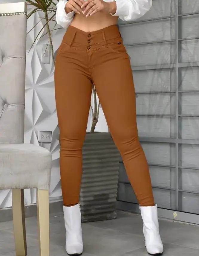 Pantalon décontracté taille haute en polyester mandylandy pour femmes junior automne hiver avec bouton et coupe ajustée