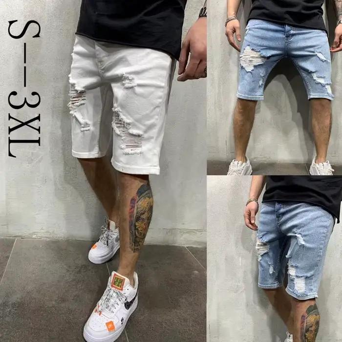 Shorts en jean déchiré à franges pour hommes, collection été 2024, look décontracté et confortable, idéal pour les sorties et les journées de shopping