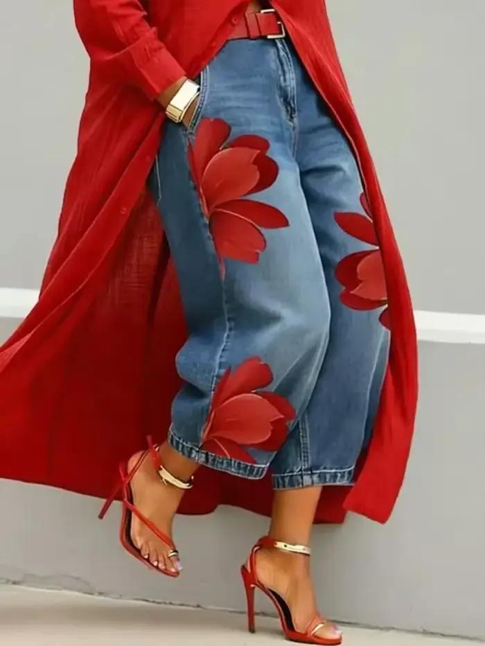 Jean décontracté pour femme à imprimé floral