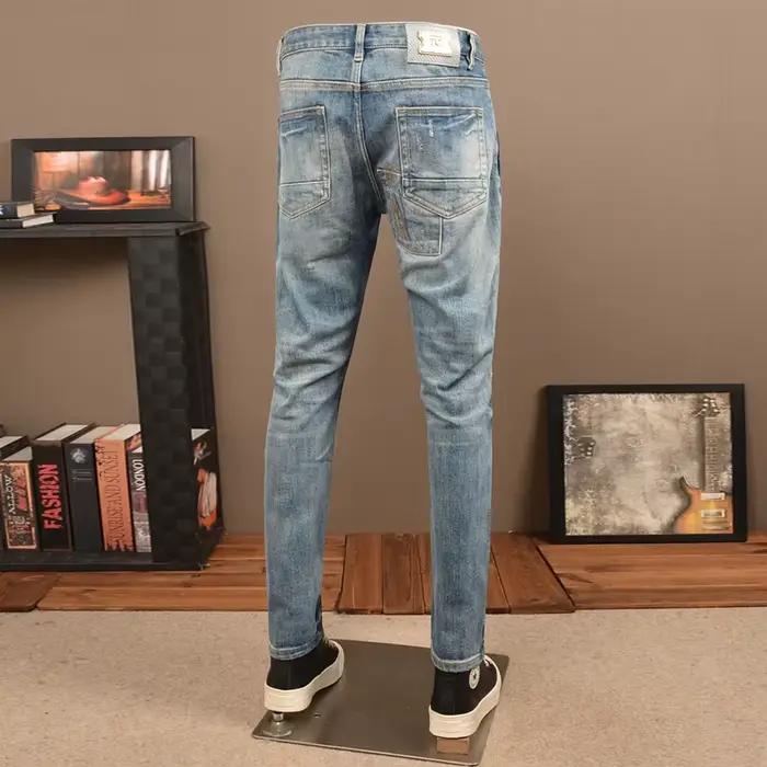 Street Designer Mode Hommes Jeans Rétro Bleu Stretch Broderie Patché Mince Déchiré