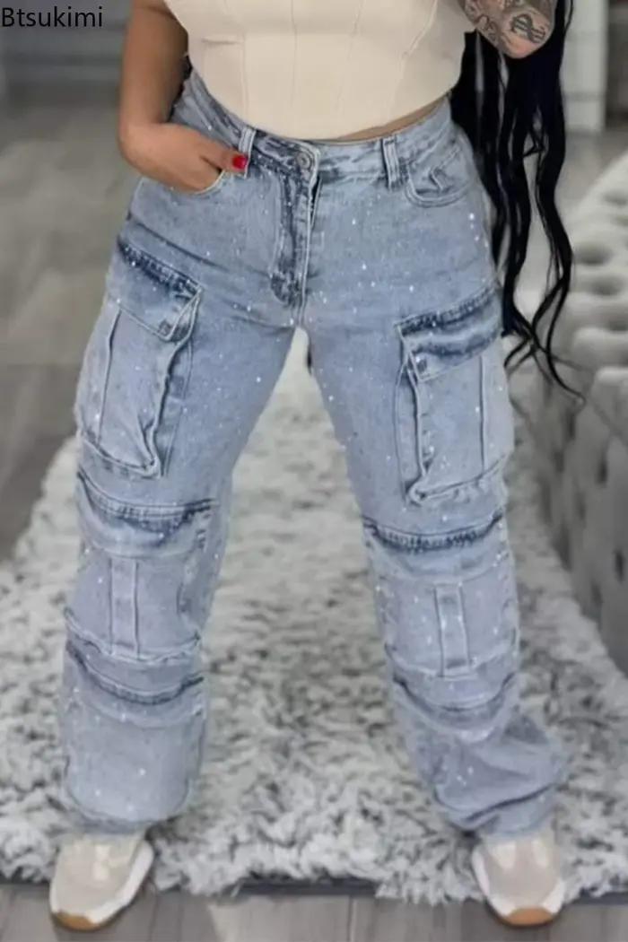 Pantalons cargo jeans taille haute pour femmes avec strass complet, streetwear chic, décontracté, pour toutes les saisons et occasions, jeans Btsukimi