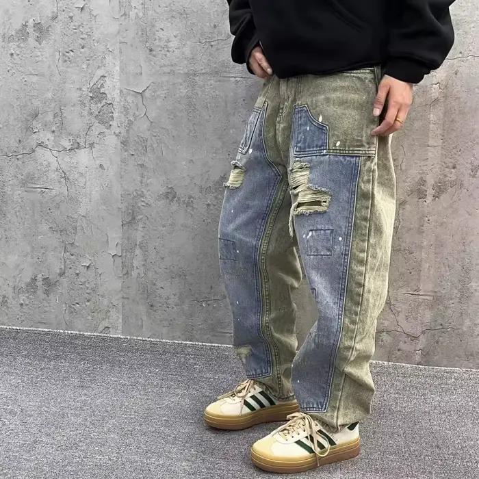 Trashy Y2K 2000S vert bleu Patchwork déchiré jean conique pantalon pour hommes 90S Vintage vêtements Denim