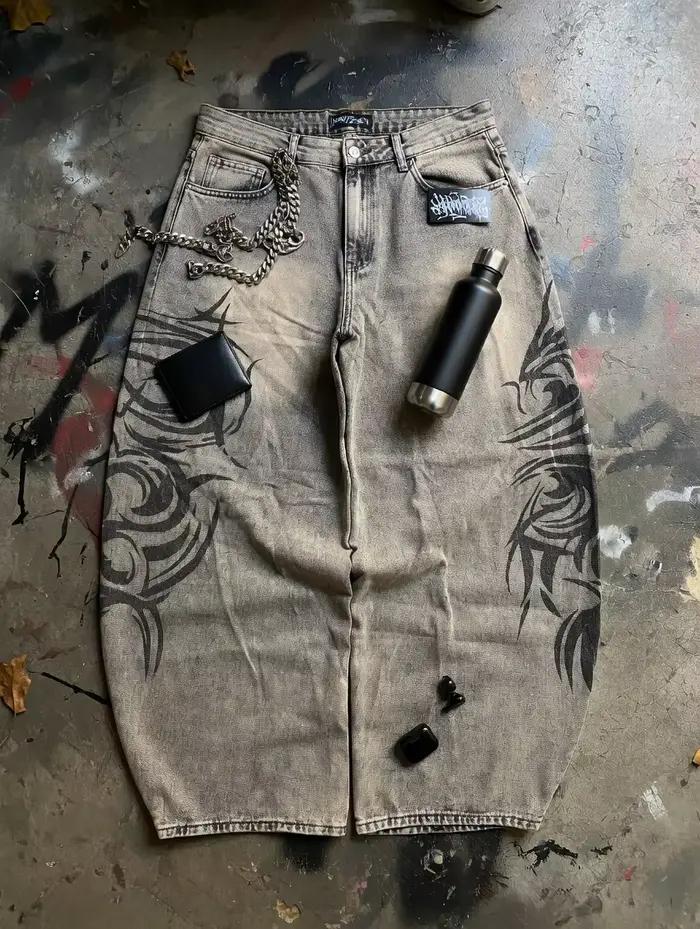 Jean ample gris imprimé style rétro américain Y2K